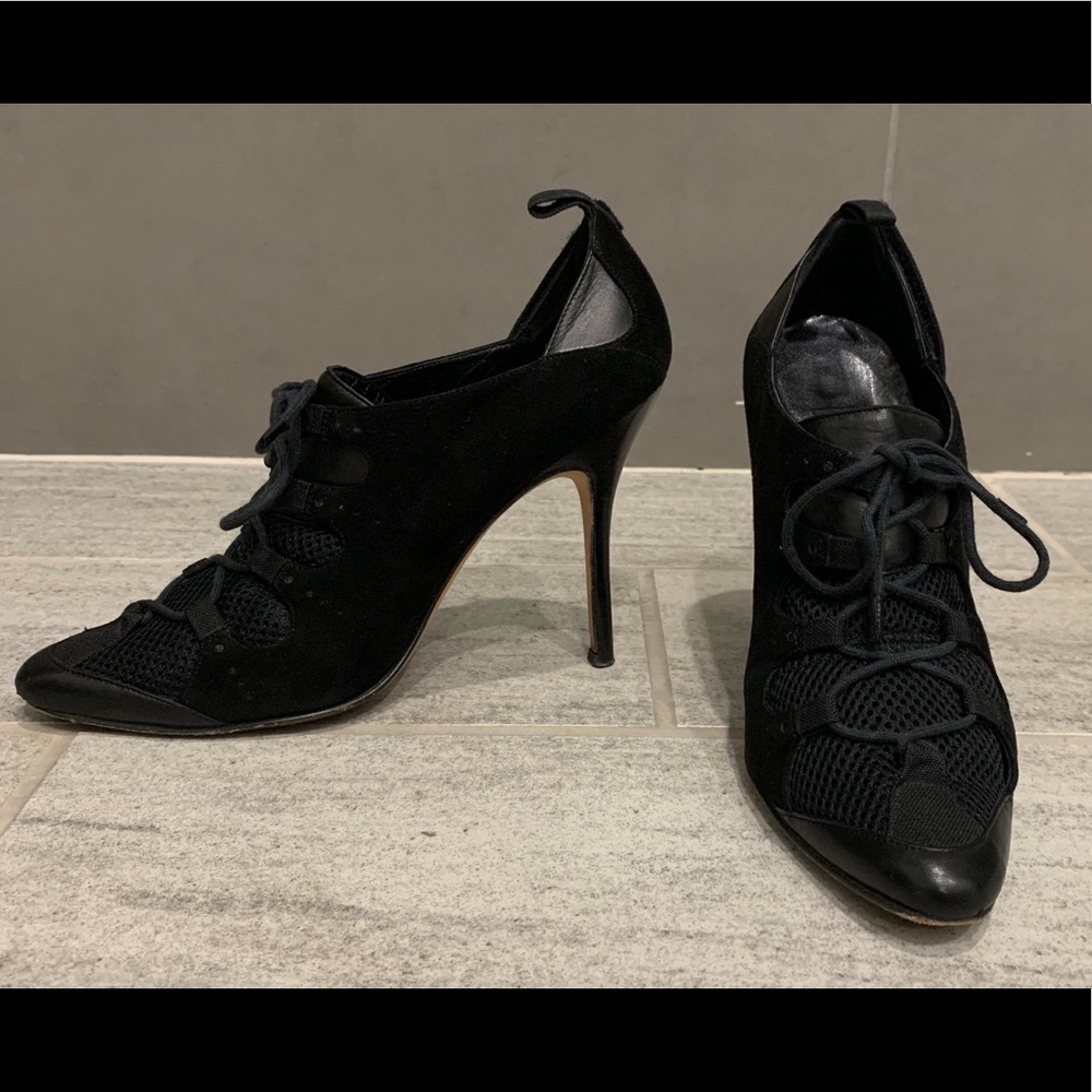 CONSIGNED. Manolo Blahnik Suede Heels with Mesh Overlay - Picture 4 of 16